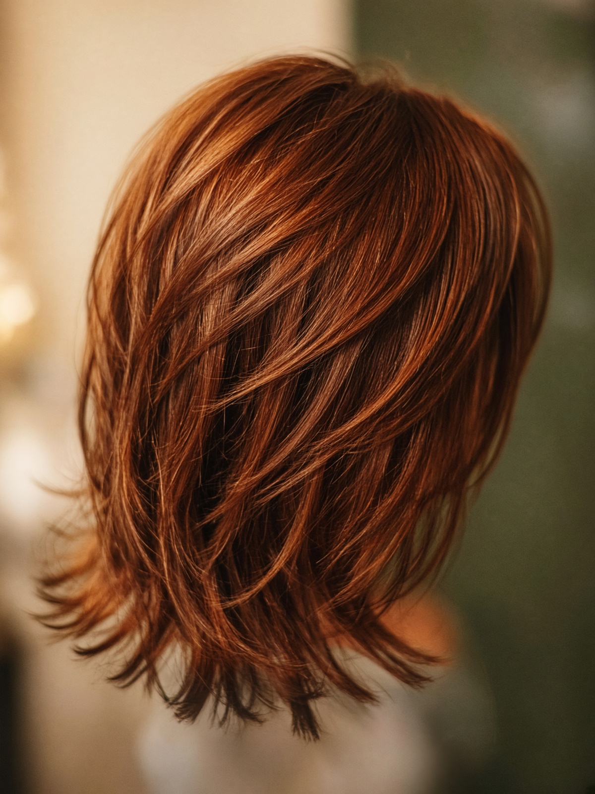 Layered copper-auburn hair with dimensional color