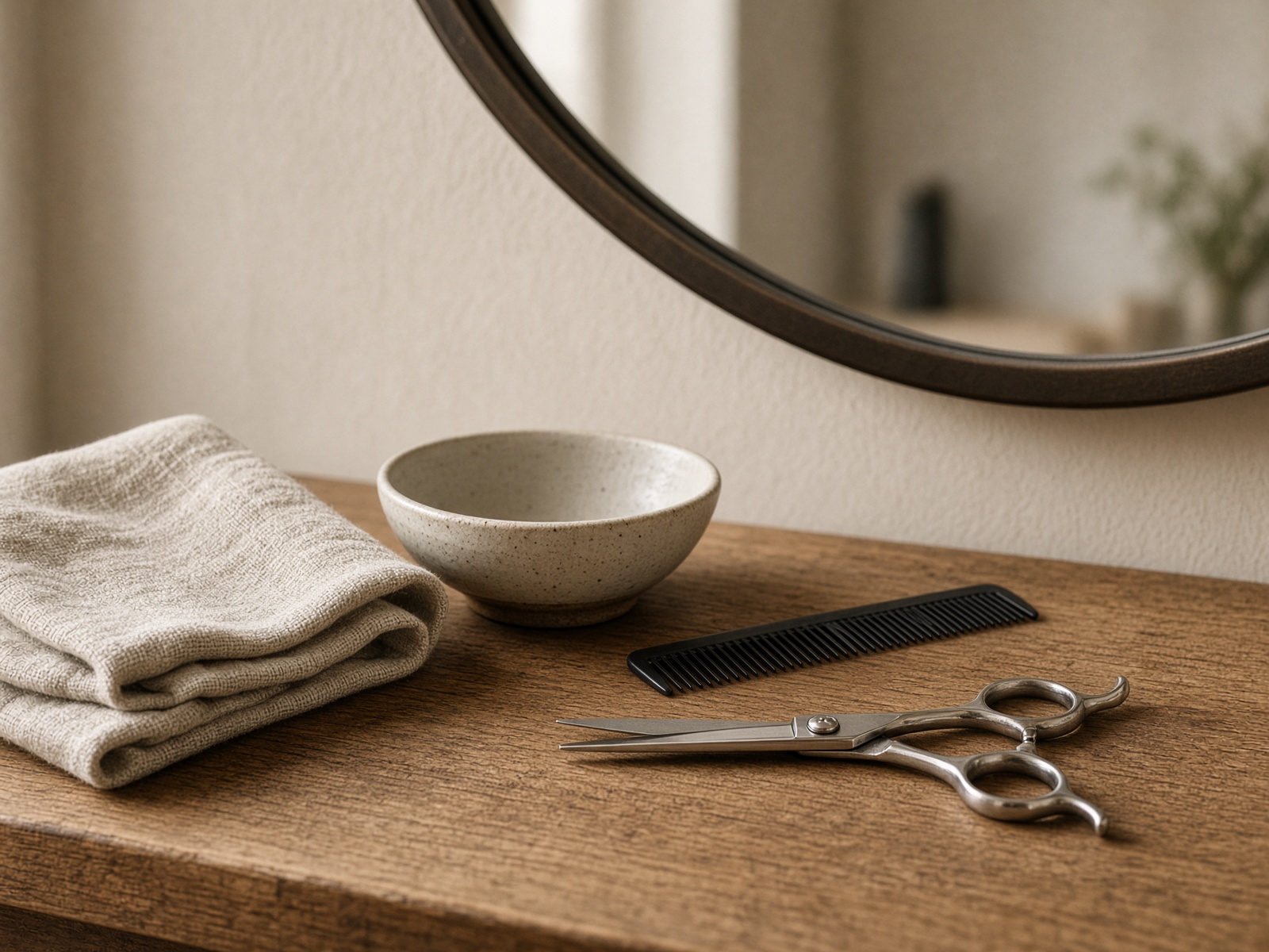 Salon station still life with shears, comb, and linen towel